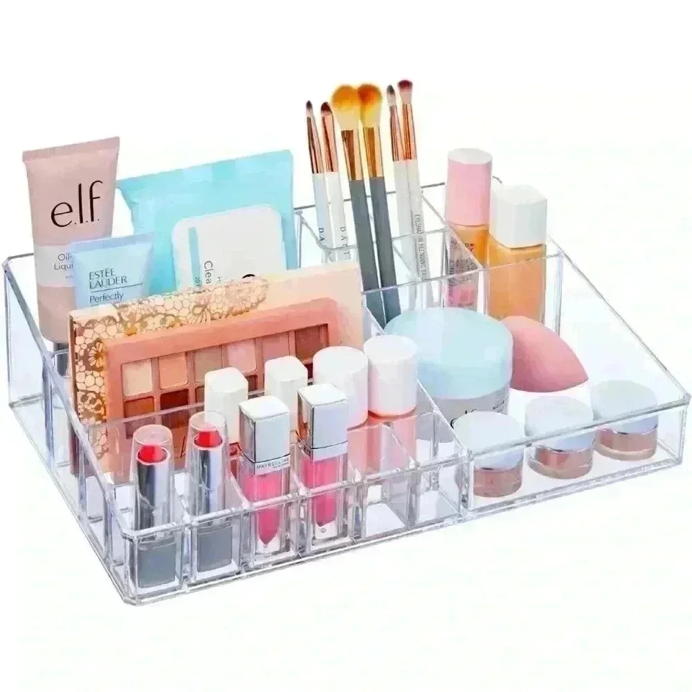 Audrey Clear Vanity Makeup Organizer | 15-Compartment Holder for Beauty Supplies
